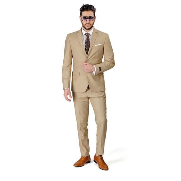 AZARMAN Slim Fit 2 Button Beige Notch Lapel Suit Jacket - Picture 3 of 10